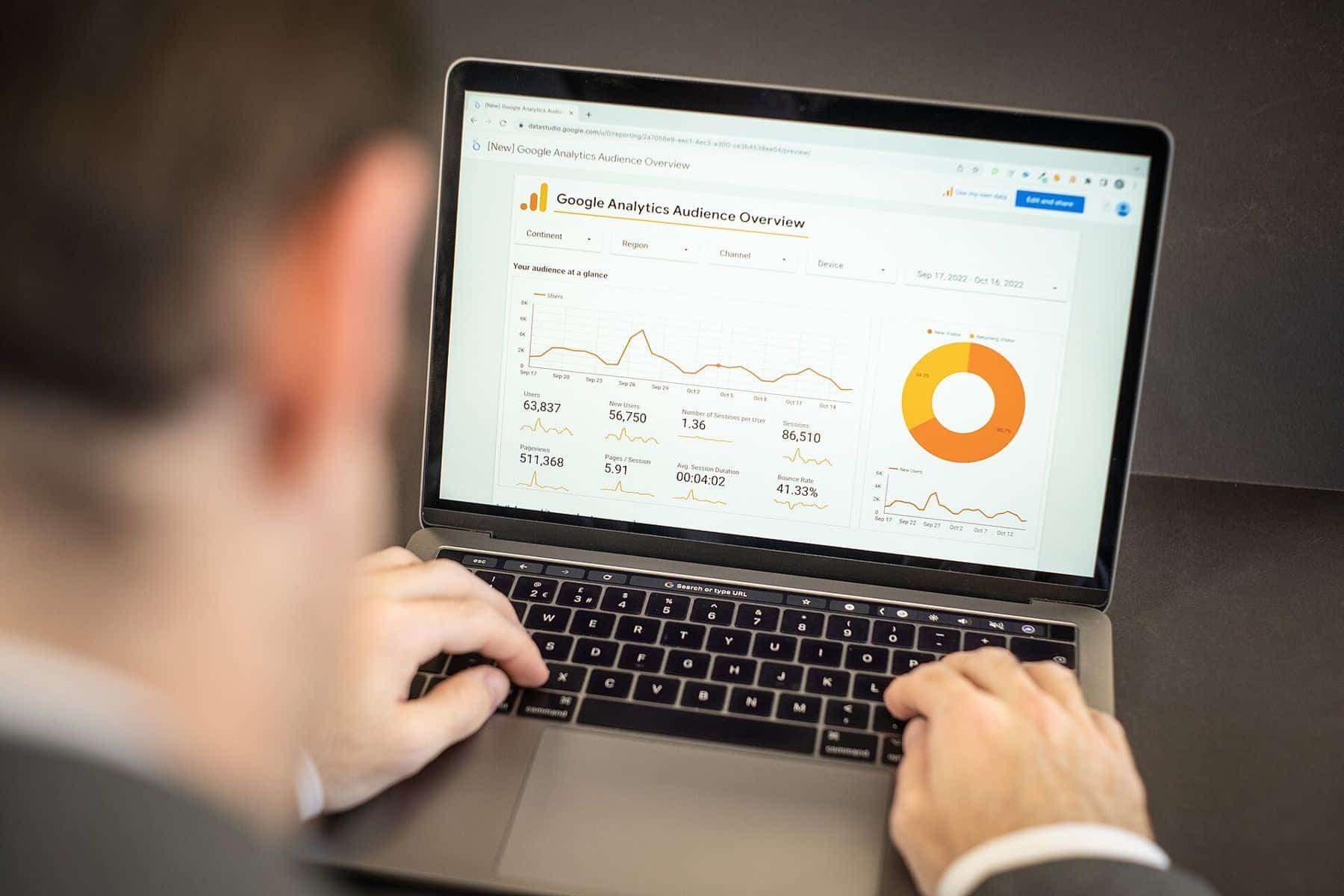 A person reviewing charts and figures on a laptop