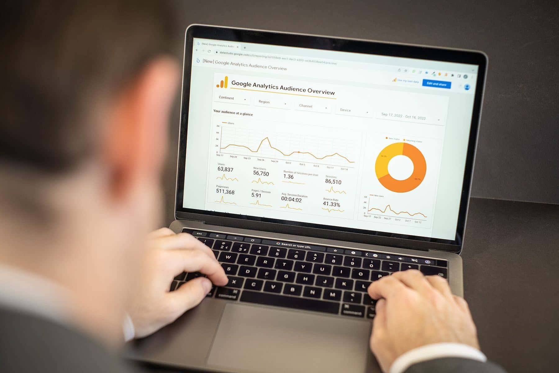 A person reviewing charts and figures on a laptop