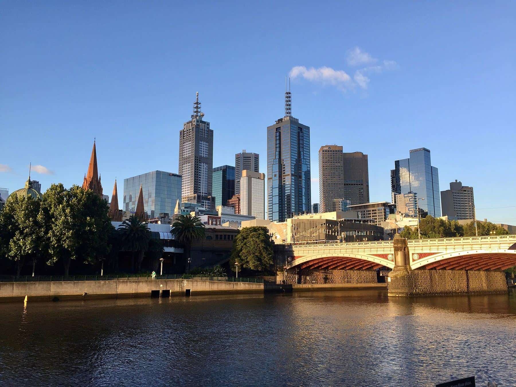 Melbourne’s city skyline seen from Southbank across the Yarra River
